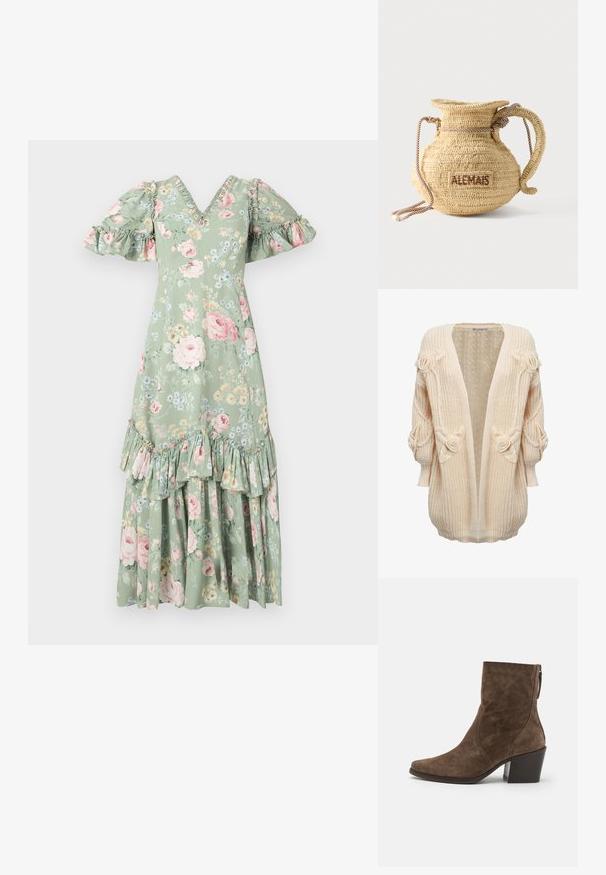 INFLUENCER FLOWER APPLICATION - Vest - cream; Floral maxi-jurk in zacht groen met een V-hals, pofmouwen, ruches en een gelaagde zoom. Bevat roze rozen en kleine blauwe bloemen.; Bruine suède enkellaarsjes met een spitse neus, zijrits en een chunky hak. Kenmerkt zich door een gladde textuur en minimale stikseldetails.; Ronde gevlochten strohandtas met een handvat van touw en "ALEMAIS" geborduurd aan de zijkant in bruine draad.