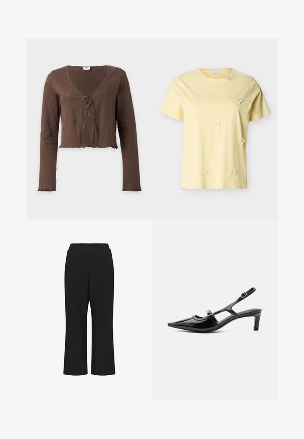 Cardigan court marron côtelé à manches longues, col en V et fermeture à nouer devant, avec bords volantés aux poignets et à l’ourlet.; T-shirt jaune à manches courtes avec un col rond, décoré de petites appliques de fleurs 3D dispersées sur le devant.; Pantalons en tissu extensible noir à jambe large, dotés d'une taille élastique pour le confort et sans fermetures ni poches visibles.; Chaussure slingback en cuir verni noir à bout pointu, petit talon et deux brides réglables avec boucles, vue de profil latéral.