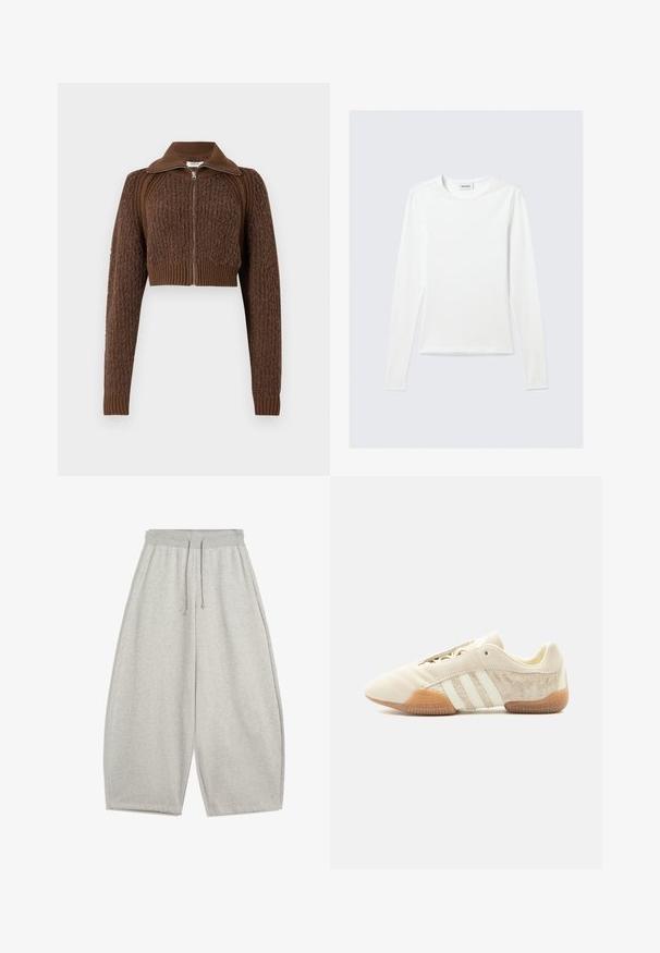 Replay CROPPED ZIP - Vest - wood; Effen wit shirt met lange mouwen en ronde hals, slim fit, afgebeeld tegen een lichtgrijze achtergrond.; Lichtgrijze wijde sweatpants met elastische tailleband en trekkoord, voorzien van zijzakken en een ontspannen pasvorm.; Lage beige sneaker met drie witte strepen, gestructureerde suède zijpanelen, rubberen zool en vetersluiting op een effen achtergrond.