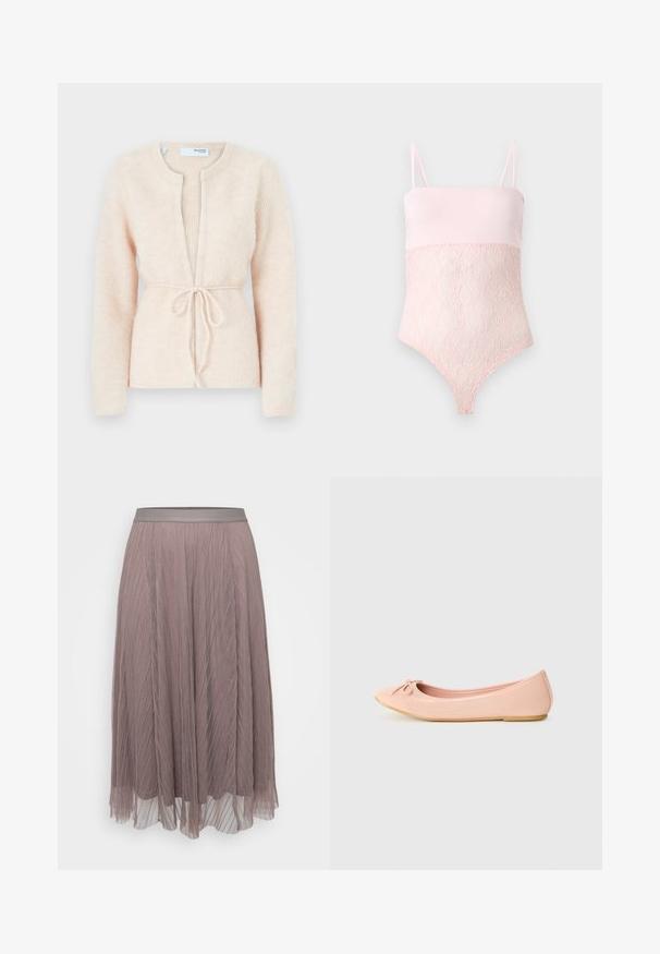 Beige strikket cardigan med lange ærmer, åben front og bånd i taljen. Tekstureret stof, ribbet mønster og kraveløs design.; Lyserød blondebody med spaghettistropper og en glat topsektion mod en ensfarvet lys baggrund.; Plisseret midiskørt i blød mauve med en glat satin-linning. Letvægts, flydende materiale med lodrette striber og gennemsigtige lag.; Ballet flade sko i lys pink syntetisk materiale med en rund tå, der har en lille sløjfedetalje og en fleksibel sål.