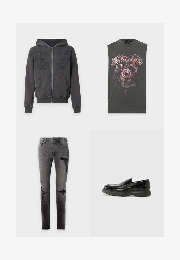 Dunkelgrauer Kapuzenpullover mit Reißverschluss, Fronttaschen und besticktem Tribal-Mond- und Sternendesign über der Brust.; Dunkelgraues ärmelloses Shirt mit einer Grafik eines großen Auges, Flügeln, einer Schlange und dem Text "Ksubi" in roter, stilisierter Schrift auf der Brust.; Schwarze Denim-Jeans mit Rissdetails, schlankem Schnitt, fünf Taschen und klassischem Reißverschluss. Abgetragenes Aussehen mit verblassten Stellen.; Schwarze Lederloafer mit glanzendem Finish, abgerundetem Zehenbereich, subtilen Steppnähten und einer dicken Gummisohle für Langlebigkeit.