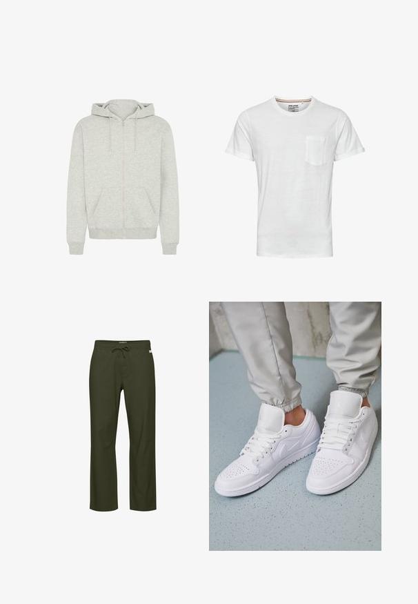 Sudadera con cremallera de color gris claro, fabricada en un tejido suave, con un bolsillo frontal, capucha con cordón y puños y dobladillo acanalados.; Camiseta blanca lisa de manga corta con un pequeño bolsillo en el pecho en el lado izquierdo y cuello redondo.; Pantalones verde oliva con cintura de cordón, diseño de pierna recta, textura de tela suave y una etiqueta de logo sutil en el frente.; Las zapatillas deportivas de cuero blanco cuentan con una caja de dedos perforada, cordones planos, un cuello acolchado y el logo de Jordan en la lengüeta. Las llevan puestas con pantalones joggers grises.