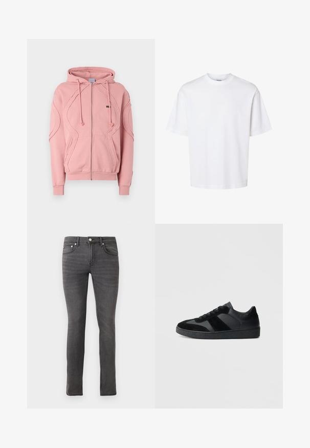 Roze zip-up hoodie gemaakt van zachte stof, met ribgebreide boorden, zoom en decoratieve stiksels langs de mouwen en de voorkant. Verstelbare capuchontouwen.; Effen wit T-shirt met korte mouwen en ronde hals met een ontspannen pasvorm, afgebeeld op een effen achtergrond.; Grijze denim jeans met een slim fit, met een klassieke vijf-pocketontwerp, voorste knoopsluiting en subtiele textuurdetails overal.; Zwarte sneakers met een mix van glad leer en suède, een gestructureerde zwarte rubberen zool en subtiele streepdetails.