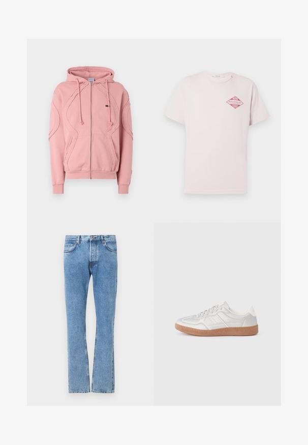 Rosa Zip-Hoodie aus weichem Material, mit gerippten Bündchen, Saum und dekorativen Nähten an den Ärmeln und der Vorderseite. Verstellbare Kapuzenzüge.; Hellrosa T-Shirt mit kurzen Ärmeln und rotem, rhombusförmigem Aufdruck mit der Aufschrift "Miami Replay Palace Florida" auf der oberen linken Brust.; Hellblaue Jeans aus Denim mit geradem Bein, fünf Taschen und kontrastierenden Nähten. Standardbund mit Knopfverschluss.; Silberne Sneakers mit glatter Textur, Schnürdesign, durchbrochenen Akzenten und einer strukturierten braunen Gummisohle.