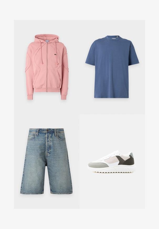 Rosa Zip-Hoodie aus weichem Material, mit gerippten Bündchen, Saum und dekorativen Nähten an den Ärmeln und der Vorderseite. Verstellbare Kapuzenzüge.; Blaues T-Shirt mit kurzen Ärmeln aus weicher Baumwolle, featuring einen Rundhalsausschnitt und einen lässigen Schnitt, mit minimalen Nähedetails.; Denim-Shorts mit einem hellblauen Finish, fünf Taschen-Design und geradem Schnitt. Robustes Material mit sichtbaren Nähten und einem Knopfverschluss.; Weißer und grauer Sneaker mit niedrigem Schaft, beige- und dunkelgrauen Akzenten, weißen Schnürsenkeln und dicker, weißer, strukturierter Sohle, in Seitenansicht gezeigt.