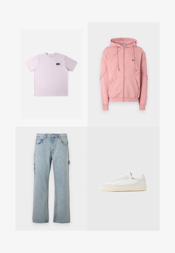 Roze zip-up hoodie gemaakt van zachte stof, met ribgebreide boorden, zoom en decoratieve stiksels langs de mouwen en de voorkant. Verstelbare capuchontouwen.; Roze katoenen T-shirt met korte mouwen, met een klein meerkleurig logo op de linkerborst. Eenvoudig, ontspannen ontwerp.; Lichtblauwe denim cargobroek met een relaxte pasvorm, voorzien van zijzakken, een rechte pijp ontwerp en zichtbare stikdetails.; Witte sneaker met een bovenwerk van gestructureerd suède en leer. Voorzien van een afgeronde neus, vetersluiting en een contrasterende beige rubberen zool.