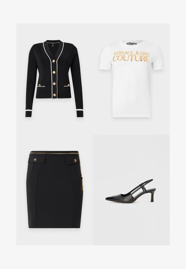 Sort cardigan med V-halsdesign, hvid kant, guldtonede knapper og to forlommer, med ribstrikkede manchetter og kant.; Hvid T-shirt med korte ærmer og guldtekst "VERSACE JEANS COUTURE" trykt hen over brystet.; Sort tætsiddende nederdel med forlommer, dekorative guldknapper og et tyndt guldkjedebælte med en kvast på højre side.; Sort læder slingback-sko med spids tå, der har en blank accent på tåhætten og en mellemhøj hæl. Åben sidesektion.