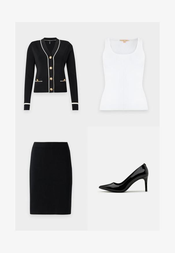 Sort cardigan med V-halsdesign, hvid kant, guldtonede knapper og to forlommer, med ribstrikkede manchetter og kant.; Hvid ribstrikket ærmeløs tanktop med rund halsudskæring og tætsiddende silhuet.; Sort knælængde blyantskirt med elastisk talje mod en ensfarvet hvid baggrund.; Sorte laklæder højhælede pumps med spids tå og slank silhuet, prydet med en glat overflade og minimalistisk design.