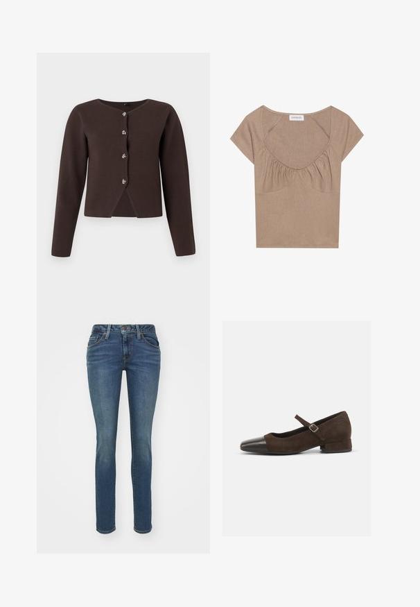 Cardigan long à manches longues marron foncé avec quatre boutons en argent et une petite fente à l'avant de l'ourlet.; Crop top marron à côtes, avec un large col en scoop, des manches courtes et des détails froncés sous la poitrine. Texture douce avec un léger éclat.; Jeans en denim bleu ajustés avec cinq poches, couture visible et fermeture à glissière. Présentent une texture légèrement délavée pour plus de détails.; Chaussure Mary Jane en daim marron avec un embout en cuir verni noir, bride ajustable et un petit talon carré. Texture lisse avec de minimalistes accents.