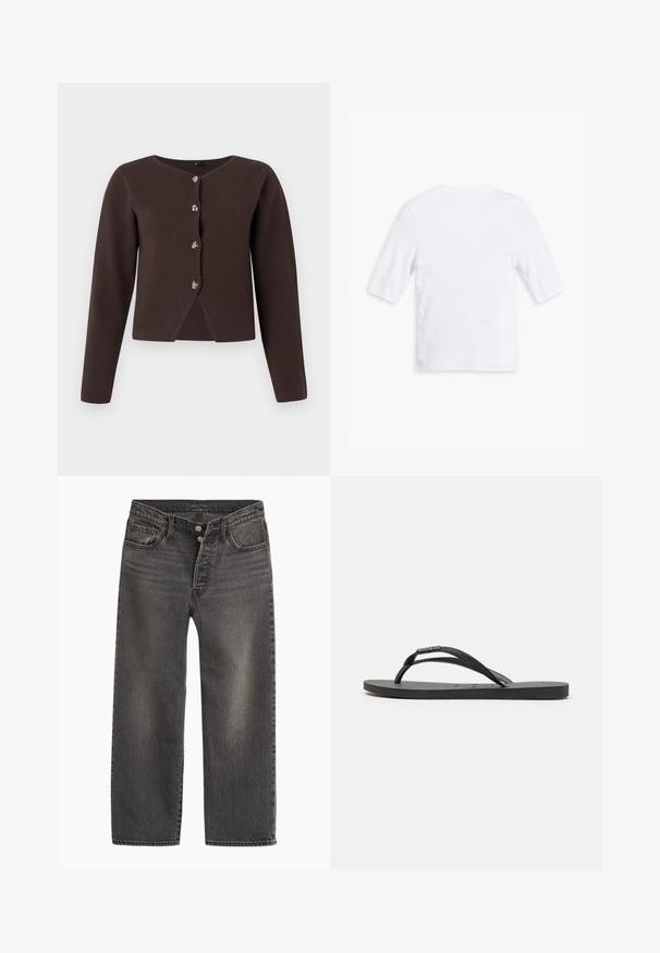 Cardigan long à manches longues marron foncé avec quatre boutons en argent et une petite fente à l'avant de l'ourlet.; T-shirt en coton blanc avec des manches courtes, un col rond et une texture lisse. Aucun motif ou embellissement visible.; Jeans en denim noir avec une coupe droite, taille haute et braguette à boutons. Présente un léger effet délavé et des coutures contrastantes.; Des tongs noires avec des brides texturées et une semelle en caoutchouc plate. Les brides présentent un léger reflet brillant.