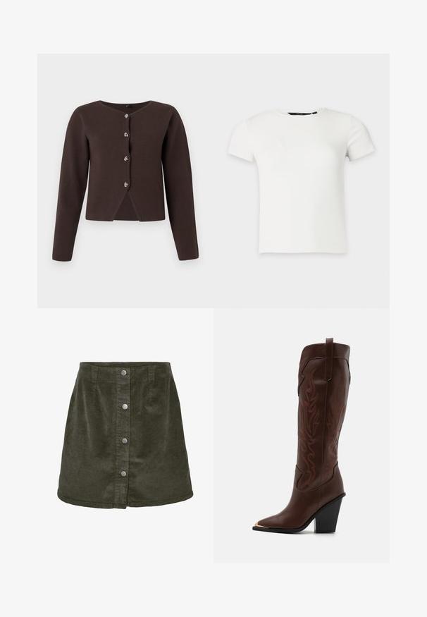 Dunkelbrauner Langarm-Cardigan mit vier silbernen Knöpfen und einem kleinen Schlitze an der Vorderseite des Saums.; Weißes kurzärmeliges, geripptes Strick-T-Shirt mit Rundhalsausschnitt, dargestellt vor einem schlichten hellgrauen Hintergrund.; Dunkelgrüner Cord-Rock in A-Linie, mit fünf silbernen Knopfverschlüssen auf der Vorderseite und vertikaler Ripptextur.; RAID RIMSKY - High Heel Stiefel - brown