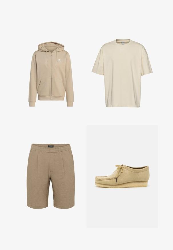 Beige hættetrøje med lynlås, lavet af blødt stof. Har en forlomme, snøre i hætten og lille hvidt logo på brystet.; Beige bomulds t-shirt med rund halsudskæring, korte ærmer og en afslappet pasform. Har subtil hvid logo broderi på brystet.; Beige shorts lavet af struktureret stof med en rynket overflade, en elastisk talje og to frontfolder.; Beige suedestøvle med snørebåndsdesign, syede detaljer og gummisål. Formen er afslappet med en let hæl.