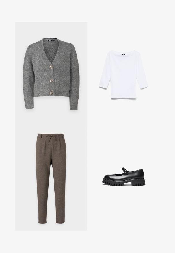 ONLY Petite ONLZOEY CARDIGAN - Chaqueta de punto - dark grey melange; Camisa blanca de manga tres cuartos hecha de una mezcla de algodón; presenta un amplio escote barco y una textura suave y ligera.; Pantalones marrones entallados con cintura de cordón y trabillas, hechos de tela texturizada, mostrados sobre un fondo blanco sencillo.; Zapato negro de cuero estilo Mary Jane con punta redonda, correa en el tobillo y suela de goma gruesa con detalles estriados.