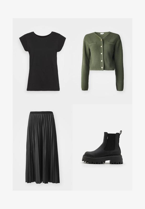 Cárdigan de punto verde oscuro con cuello en V, mangas largas y diseño corto. Cuenta con botones en la parte delantera y dos bolsillos en el pecho.; Camiseta de algodón negra con manga corta tipo cap sleeve, escote redondo y un corte relajado. Textura suave sin patrones ni adornos visibles.; Falda larga negra plisada con una textura suave y cinturilla elástica, que presenta pliegues verticales que crean volumen y movimiento.; Botas negras hasta el tobillo con un acabado de piel texturizada, paneles laterales elásticos, suela gruesa de plataforma y suela de goma estriada para un mejor agarre.