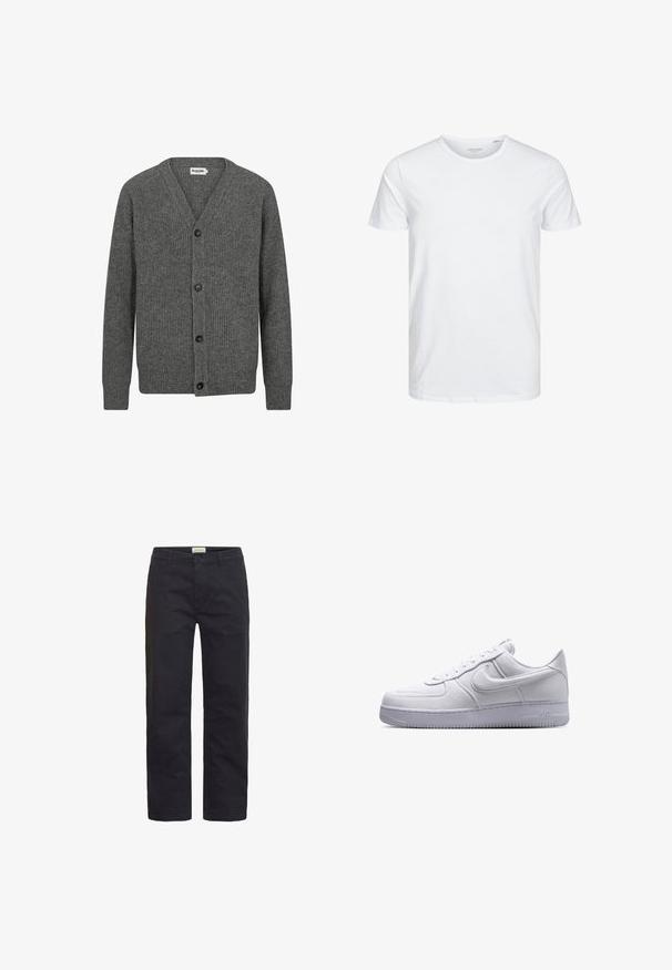 Cardigan en tricot gris avec un col en V, des boutons à l'avant, une texture côtelée et des manches longues. Dispose de cinq boutons noirs le long de la patte de boutonnage.; T-shirt à col rond à manches courtes de couleur blanche unie, fabriqué en coton doux, avec un design simple sans motifs ni accents visibles.; Pantalons en coton noir avec une coupe droite, dotés d'une fermeture à bouton sur le devant, de passants de ceinture et d'une finition minimale.; Baskets basses blanches Nike Air Force 1 avec fermeture à lacets et semelle texturée, vues de profil sur fond blanc.