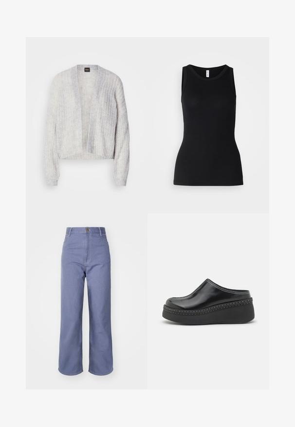 Geknipte, open voorkant cardigan in lichtgrijs, gemaakt van een zachte, textuurgebreide stof. Licht losse mouwen met geribbelde boorden en zoom.; Zwarte mouwloze tanktop van ribbelstof, met een ronde halslijn en een nauwsluitend ontwerp, met een gladde textuur en zonder patronen.; Lichtblauwe wijd-uitlopende jeans van denim, met een hoge taille, sluiting met voorknop en zichtbare stiksels op de zakken en naden.; Zwarte glanzende platformklompen met een ronde neus, gebogen bovenkant en contrasterende witte stiksels langs de rand van de zool.