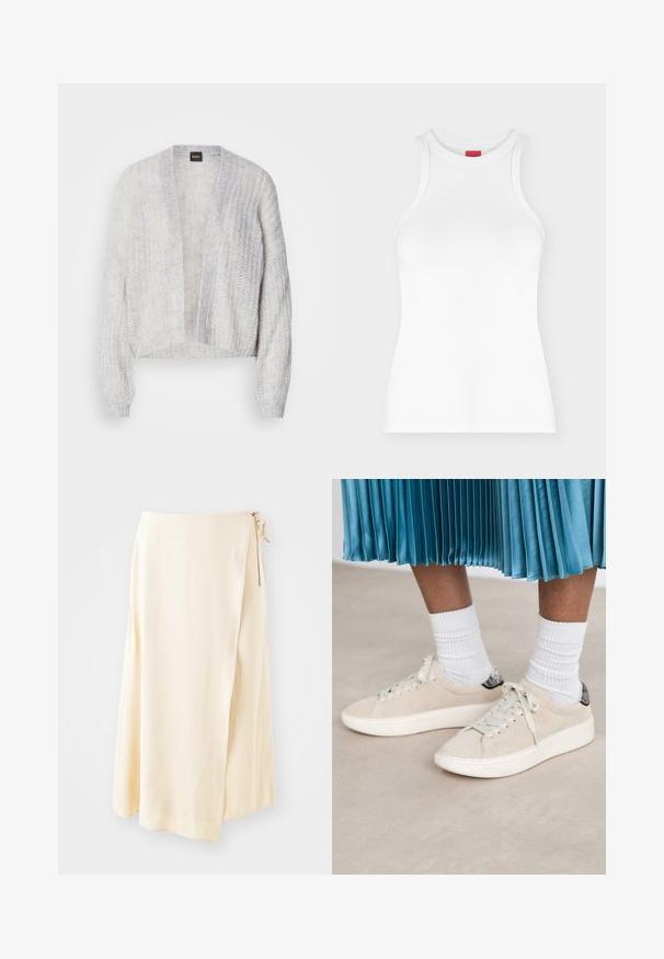 Beskyttet, åben-front cardigan i lys grå, lavet af et blødt, struktureret strik. Let løse ærmer med ribbede manchetter og kant.; Hvid ærmeløs ribbet tanktop med høj rund hals og tætsiddende pasform vist på en ensartet lys baggrund.; Cremefarvet, let vævet omslagsnederdel fremstillet af blødt stof, med en bindelukning på siden og en svævende A-form.; Beige ruskindsneakers med en hvid gummisål og snørebåndsdesign. Accentueret med en struktureret sort hælflap. Båret med hvide ribbede sokker.