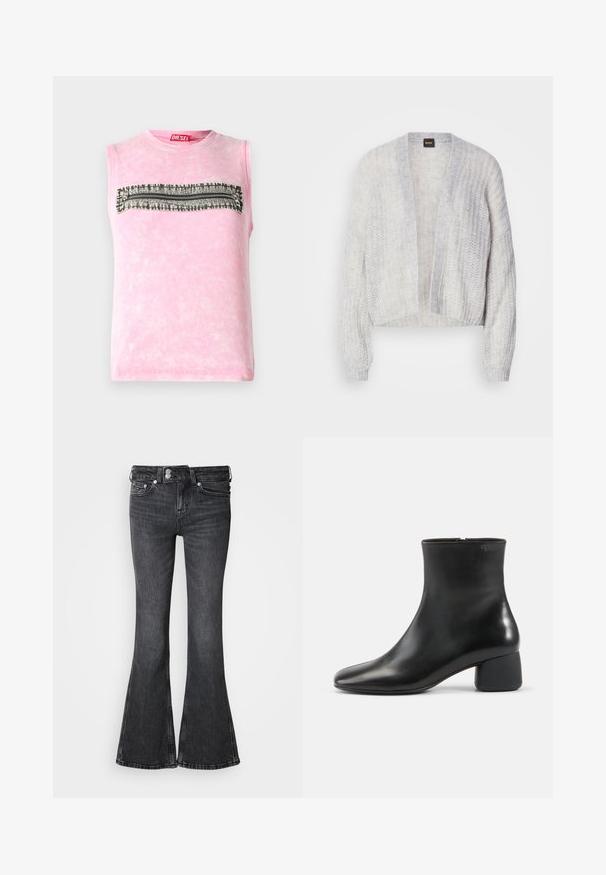 Beskyttet, åben-front cardigan i lys grå, lavet af et blødt, struktureret strik. Let løse ærmer med ribbede manchetter og kant.; Subløs pink bomulds t-shirt med en vandret sort-hvid mønsterstripe hen over brystet. Rund halsudskæring, blød tekstur.; Sorte jeans med vidde, lavet af denim, med talje i midten, fem lommer og en syet kant. Dekorativt logo på bageste linning.; Sort læderankelstøvle med afrundet firkantet tå, sidelås og chunky lav hæl på ensfarvet lys baggrund.