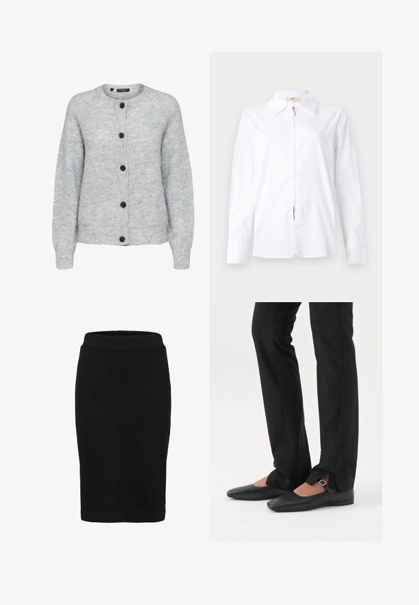 Lysegrå strikket cardigan med lange ærmer og fem sorte knapper foran, rund halsudskæring og ribkanter.; Hvid langærmet skjorte med krave og frontlynlås. Lavet af glat stof med en tætsiddende pasform og knappede manchetter.; Sort knælang pencilskørt med en tætsiddende linning og glat stof, vist mod en hvid baggrund.; Ben iført sorte smalle bukser med forreste slidser ved kanten, parret med sorte flade Mary Jane-sko med lille spænde.