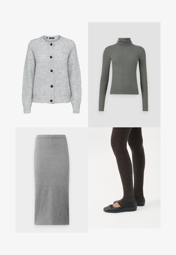 Cardigan tricoté gris clair avec manches longues, cinq boutons noirs à l’avant, col rond et bords côtelés.; Haut en turtleneck gris à manches longues fabriqué dans un matériau côtelé doux, avec un design ajusté et un col haut.; Jupe grise, longueur genou, fabriquée en tissu doux et extensible. Présente un design simple et près du corps avec une taille élastique et une texture lisse.; Jambes portant des leggings côtelés foncés associés à des ballerines noires avec de petits détails en nœud sur fond blanc.