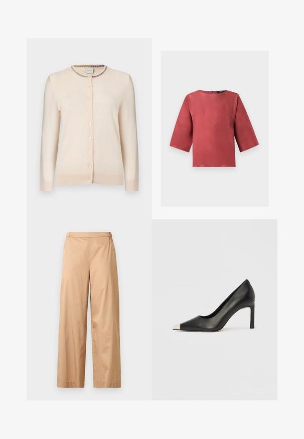 Cardigan boutonné beige crème à manches longues avec bordure à rayures multicolores autour du col rond.; Blouse en satin couleur rouille avec manches trois-quarts et encolure ronde, présentée sur un fond blanc uni.; Pantalon beige à jambes larges avec une taille haute, un devant plat et un ourlet droit, présenté sur un fond gris clair uni.; Chaussure à talon haut en cuir noir avec bout pointu et capuchon argenté métallique. Présente une finition lisse et un talon fin de 10 cm.
