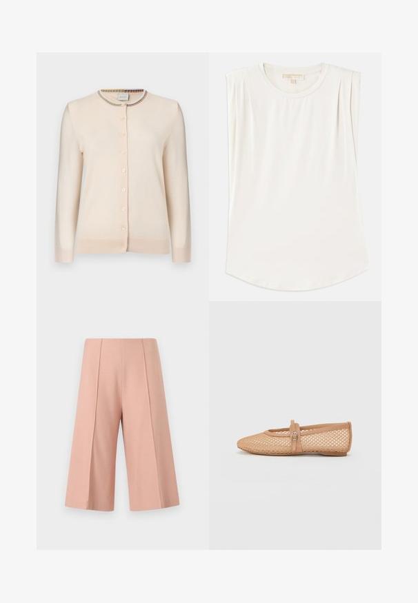 Cardigan boutonné beige crème à manches longues avec bordure à rayures multicolores autour du col rond.; Top sans manches blanc en tissu lisse, avec un col rond et de légères plis aux épaules, et un ourlet incurvé.; AERON PEN - Short - mottled pink; Ballerines en mesh nude avec un bout pointu, un talon fermé, et une sangle décorative avec une boucle sur le cou-de-pied. Surface texturée.