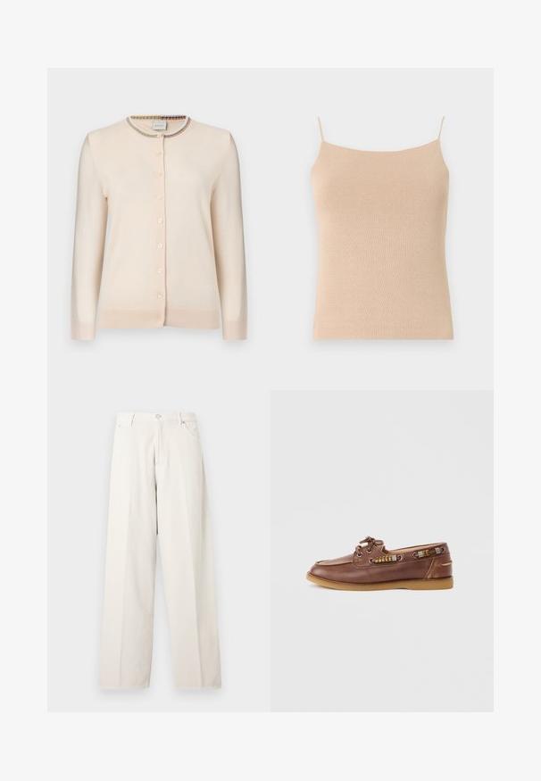 Cardigan boutonné beige crème à manches longues avec bordure à rayures multicolores autour du col rond.; Camisole en tricot beige avec des bretelles fines, présentant une coupe ajustée et un tissu texturé, idéale pour le superposition ou un usage décontracté.; Pantalon ample couleur blanc cassé avec passants de ceinture, bouton à l'avant, fermeture éclair et poches latérales, présenté sur un fond clair uni.; Chaussure bateau en cuir marron avec semelle en caoutchouc beige, laçage à l'avant et accents métalliques décoratifs sur les côtés.