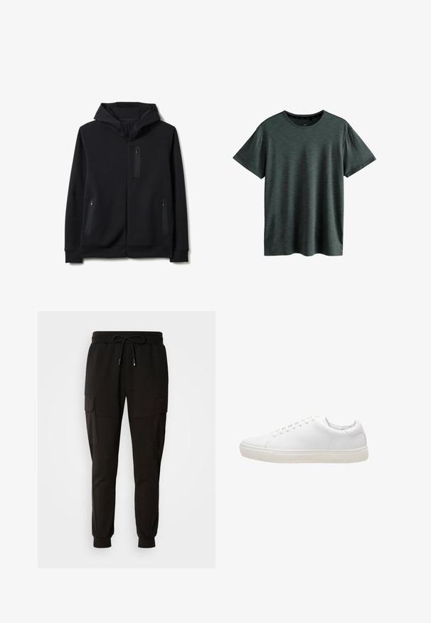 Sudadera con capucha negra con cremallera, con tres bolsillos con cremallera: uno en el pecho y dos en la parte inferior delantera, con capucha y puños acanalados.; Camiseta gris oscuro hecha de un tejido suave y texturizado. Presenta un clásico cuello redondo y mangas cortas con un sutil patrón. Sin logotipos visibles.; Pantalones de chándal negros con cintura elástica y cordón. Presenta bolsillos tipo cargo a los lados y puños elásticos en los tobillos.; Zapatilla de cuero blanco con textura suave, puntera redonda, cierre de cordones y suela de goma plana. Diseño minimalista sin patrones visibles.