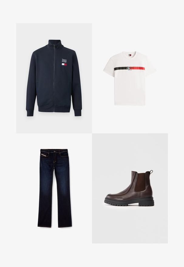 Tmavomodrá bunda na zips s stojatým golierom, bočnými vreckami a malým logom a vlajkou Tommy Hilfiger na ľavej strane hrudníka.; Biele tričko s krátkym rukávom s čiernymi a červenými vodorovnými pruhmi cez hruď a logom "Tommy Jeans" umiestneným v strede pruhov.; Tmavomodré denimové džínsy so strihom rovné nohavice, s oranžovým prešívaním, s pružným zipsovým uzáverom a prednými vreckami. Hladká textúra a štandardný pás.; Hnedé kožené Chelsea topánky s elastickými bočnými panelmi, masívnymi čiernymi gumovými podrážkami a dekoratívnym šitím pozdĺž hornej časti.