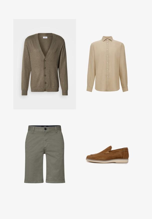 Khakifarbener Cardigan mit V-Ausschnitt, langen Ärmeln, gerippten Bündchen und Saum, ausgestattet mit sechs Knöpfen vorne und einer weichen Textur.; Beige, langärmliges Hemd aus leichtem Stoff. Mit Knopfleiste, spitzen Kragen und Bündchenärmeln. Glatte Textur.; Khakishorts aus einem glatten Baumwollmischmaterial, mit einem Reißverschluss, einem Knopfverschluss und Fronttaschen. Gerades Bein Design, knielanger Schnitt.; Brauner Slip-On-Schuh aus Wildleder mit abgerundeter Spitze, Zierstichen und einer beigen Gummisohle. Verfügt über einen dekorativen Riemen als Akzent.
