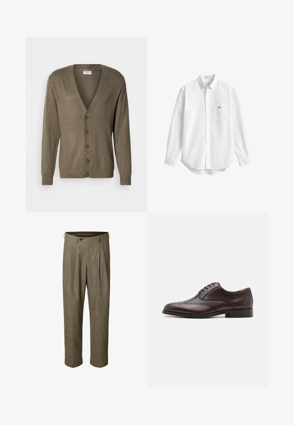 Kaki cardigan met een V-hals, lange mouwen, geribbelde manchetten en zoom, met zes knopen aan de voorkant en een zachte textuur.; Witte overhemd met lange mouwen, een kraag en borstzak met een klein geborduurd logo.; Bruine geruite broek met plooien aan de voorkant, steekzakken, tailleband met riemlussen en een knoopsluiting.; ALDO DONALD - Zakelijke veterschoenen - dark brown