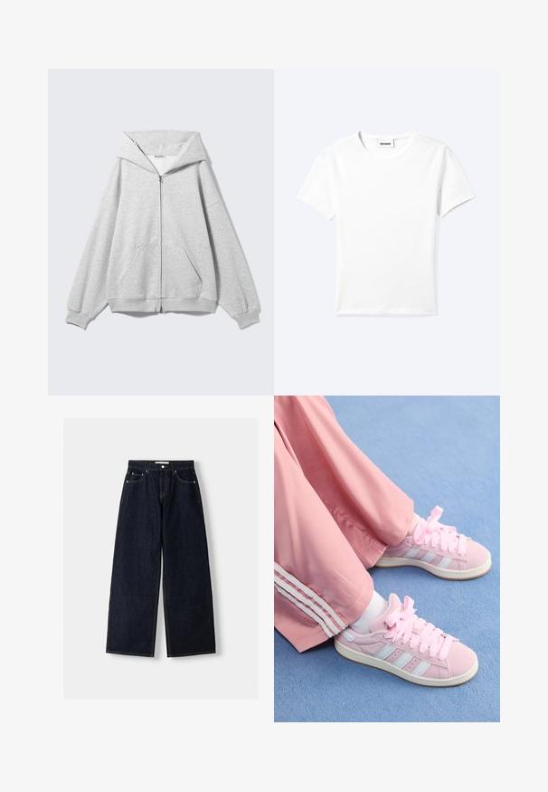 Grijze hoodie met rits en grote capuchon, oversized pasvorm, kangoeroezak, geribbelde manchetten en zoom. Gemaakt van zachte, gestructureerde katoenen stof.; Effen wit T-shirt met korte mouwen en ronde hals met een klein "WEEKDAY" label aan de binnenkant van de hals, plat neergelegd op een lichte achtergrond.; Donkerblauwe denim wijduitlopende jeans met een hoge taille, vijf zakken, contrasterende stiksels en zilveren metalen hardware. Gladde textuur en een nette afwerking.; Roze sportieve schoenen met lichtblauwe strepen, ronde neuzen en dikke roze veters, gecombineerd met roze trainingsbroeken met witte zijstrepen.