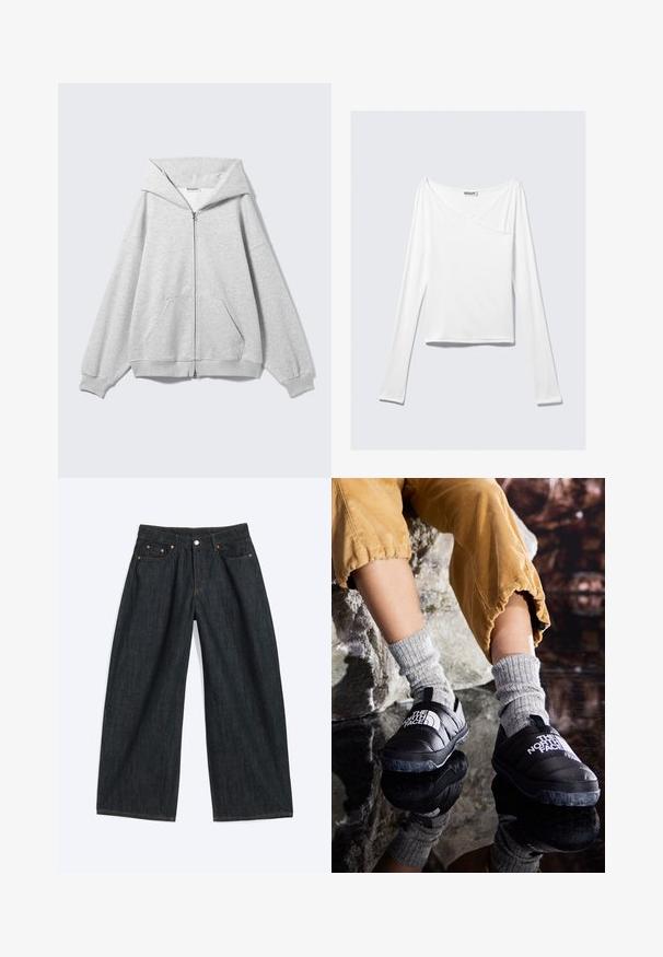 Sudadera gris con cremallera, capucha grande, ajuste oversize, bolsillo tipo canguro, puños y dobladillo acanalados. Fabricada con algodón suave y texturizado.; Top blanco de manga larga con diseño cruzado y un bolsillo. Fabricado en una tela suave y elástica. Con un corte casual y relajado.; Vaqueros vaqueros de pierna ancha de color azul oscuro con bolsillos delanteros y trabillas para cinturón, extendidos sobre un fondo claro.; Zapatos negros aislados tipo slip-on con suelas texturizadas y logo blanco, usados con calcetas de punto gris, combinados con pantalones ribeteados de color mostaza.
