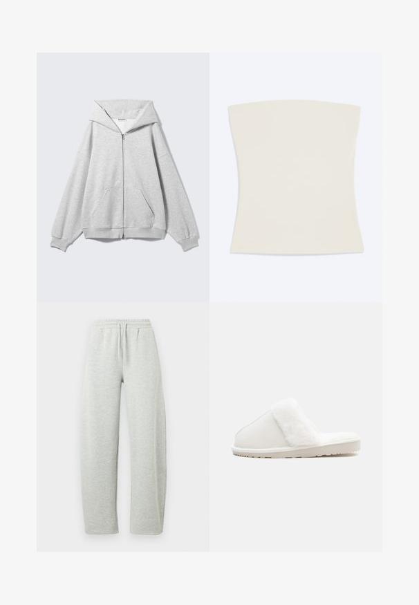 Grauer Zip-up-Hoodie mit großem Kapuzen, oversized Passform, Kängurutasche, gerippten Bündchen und Saum. Hergestellt aus weichem, strukturiertem Baumwollstoff.; Trägerloses, cremefarbenes Tubetop mit geradem Ausschnitt und glattem Stoff, flach auf hellem Hintergrund liegend.; Hellgraue Jogginghose mit elastischem Bund und Kordelzug. Das Material hat eine weiche Textur und gerade, locker sitzende Beine.; Weißer Hausschuh mit einem weichen Kunstfellband, Filzoberteil, gepolsterter Sohle und einer strukturierten Gummisohle für rutschfesten Halt. Einfaches, rundes Design.