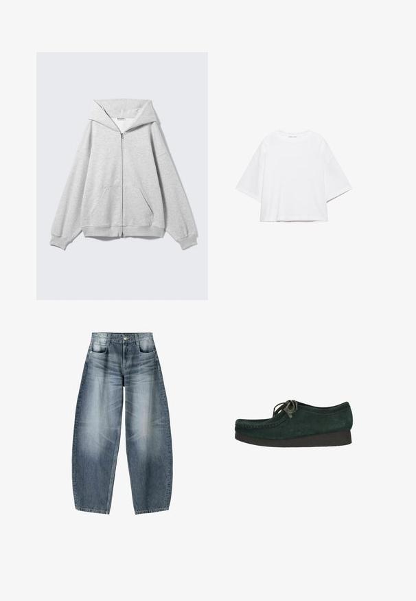 Grauer Zip-up-Hoodie mit großem Kapuzen, oversized Passform, Kängurutasche, gerippten Bündchen und Saum. Hergestellt aus weichem, strukturiertem Baumwollstoff.; Weißes, kurzärmeliges, kastiges T-Shirt aus weicher Baumwolle. Es verfügt über einen Rundhalsausschnitt und breite Ärmel mit einem klaren, schlichten Design.; Weite Jeans aus hellblauem Denim mit Ausbleichungen, im fünf-Taschen-Design, mit Knopfverschluss und minimalen Nähtelementen.; Grüner Wildlederschuh mit runder Zehenpartie und Schnürdesign. Verfügt über eine strukturierte schwarze Sohle und feine Nähte entlang der Kanten.