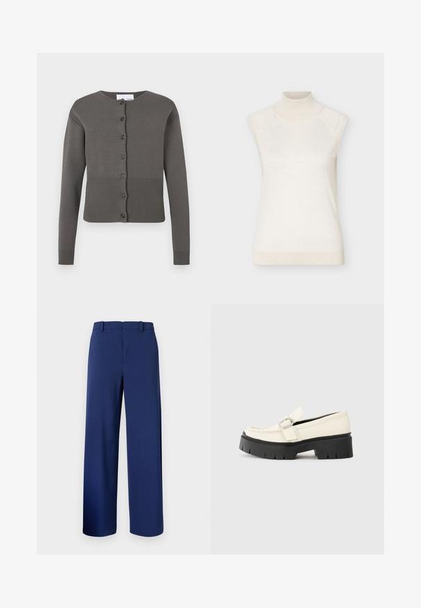 Grå strikket cardigan med rund hals, lange ærmer og knaplukning foran. Har ribbet kant og ærmekanter.; Ærmeløs cremefarvet rullekravesweater med ribstrikket krave og kant, vist mod en ensfarvet lys baggrund.; Marineblå skræddersyede bukser lavet af glat stof, med lige ben, bæltestropper og lynlås med hægte lukning foran.; Hvide læder loafers med en kraftig sort platformsål, der har en rektangulær sølvspænde og synlige syninger på overdelen.