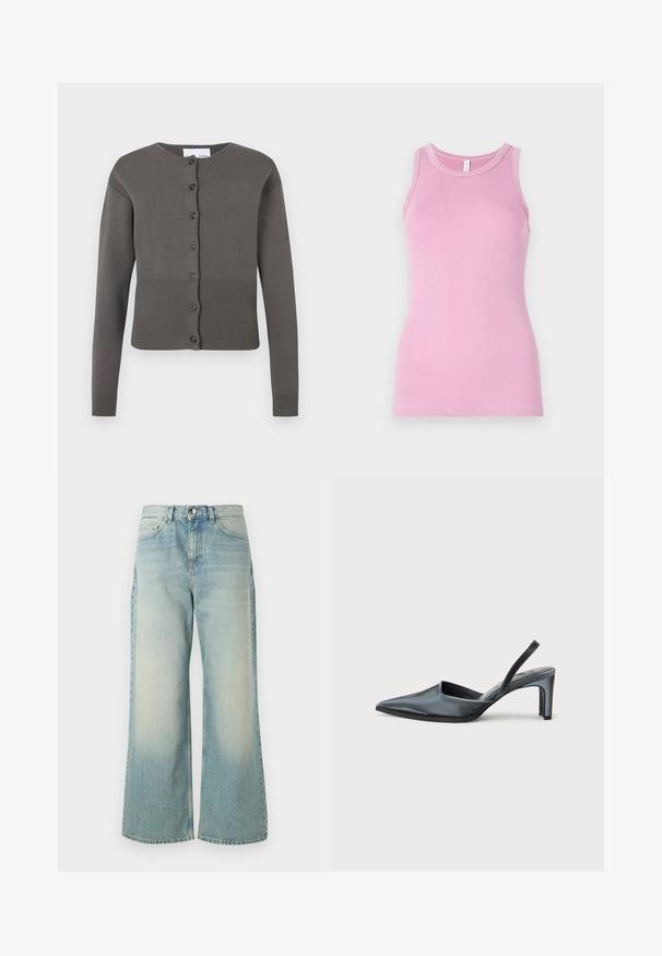 Grå strikket cardigan med rund hals, lange ærmer og knaplukning foran. Har ribbet kant og ærmekanter.; Rosa tanktop med en tætsiddende design, der har en rund halsudskæring og ribbet tekstur. Ingen mønstre eller accenter til stede.; Lyseblå vide jeans lavet af denim, med en afdæmpet vask, klassisk fem-lomme design og en frontknaplukning.; Sort slingback-hæl med spids tå, slank satinfinish og en slank hæl på 3 tommer. Åben sidedesign med minimal syningsdetalje.