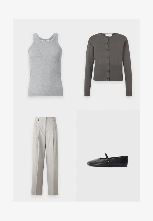 Grijze gebreide cardigan met een ronde hals, lange mouwen en een knoopsluiting aan de voorkant. Heeft een geribde zoom en manchetten.; Grijze geribbelde tanktop met een ronde halslijn en brede schouderbanden. De stof heeft een zachte textuur en een aansluitende pasvorm.; Lichtgrijze broek met een gestructureerde afwerking, met een hoge taille en twee plooien aan de voorkant. Rechte pasvorm zonder zichtbare zakken.; Zwarte leren balletschoenen met een spitse neus, platte zool en een kleine strap met een zilveren gespsluiting.
