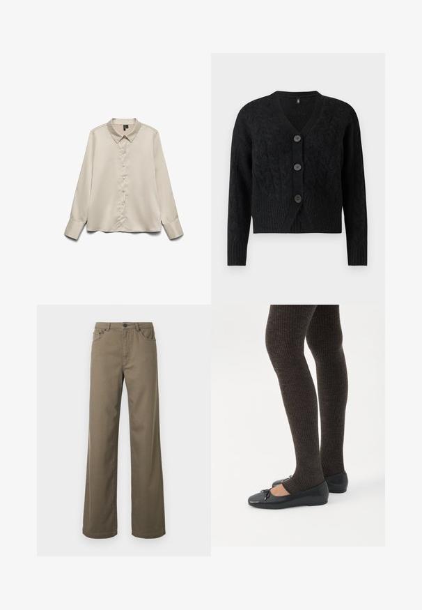 Zwarte cardigan van gebreid textuurstof, met een V-hals, lange mouwen en vier grote knopen aan de voorkant.; Lichtbeige blouse met lange mouwen van gladde stof, met een puntige kraag, volledige knoopsluiting en manchetten met één knoop.; Wijd uitlopende broek van olijfgroen katoen, met knoopsluiting, riemlussen en vijfzakkenontwerp met een gladde, duurzame textuur.; Benen met donkere geribbelde leggings gecombineerd met zwarte ballerina's met kleine strikdetails op een witte achtergrond.