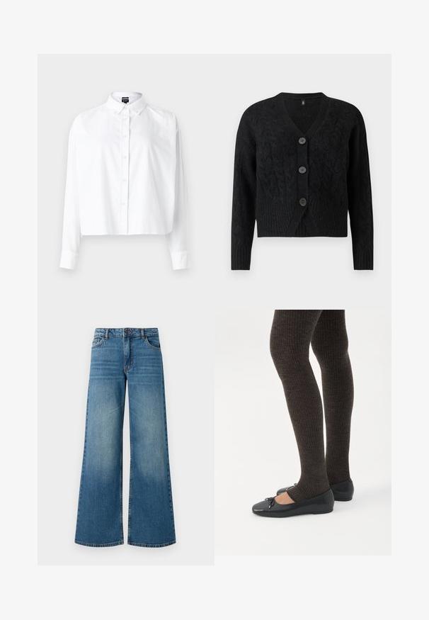 Cardigan noir en tissu tricoté texturé, avec un col en V, des manches longues et quatre grands boutons sur le devant.; Chemise blanche en coton coupée au niveau du ventre avec un col classique, des manches longues et un tissu en coton doux. Présente une fermeture à boutons sur le devant et des manches à revers.; Jeans en denim bleu à jambe large avec une finition délavée, design à cinq poches et taille standard avec un bouton en métal et une fermeture éclair.; Jambes portant des leggings côtelés foncés associés à des ballerines noires avec de petits détails en nœud sur fond blanc.