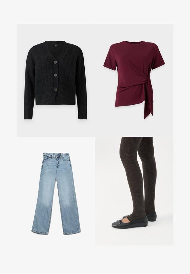 Čierny cardigan vyrobený z textúrovaného pleteného materiálu, s V-výstrihom, dlhými rukávmi a štyrmi veľkými buttonmi vpredu.; Vínový top s krátkym rukávom, okrúhlym výstrihom a detailom na bočnom viazaní, ktorý vytvára nariasený, asymetrický lem na jednoduchom pozadí.; Svetlomodré rifle s vysokým pásom a širokými nohavicami, so zapínaním na gombík a zips, prednými a zadnými vreckami a opaskovými pútkami.; Nohy v tmavých pásikavých legínach v kombinácii s čiernymi balerínkami s malými mašličkami na bielom pozadí.