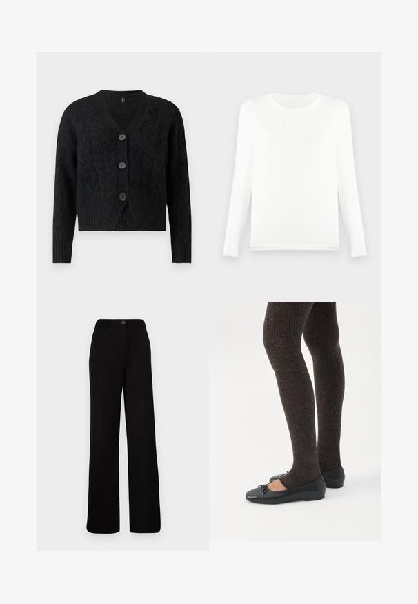 Sort cardigan lavet af tekstureret strikstof, med V-hals, lange ærmer og fire store knapper fortil.; Langærmet hvid t-shirt lavet af blødt stof, med rund halsudskæring og en lige kant forneden uden synlige mønstre eller hardware.; Sorte bukser med bred benvidde, flad front, knaplukning og struktureret talje. Lavet af glat stof med et skræddersyet design.; Ben iført mørke ribbede leggings kombineret med sorte balletsko med små sløjfedetaljer på hvid baggrund.