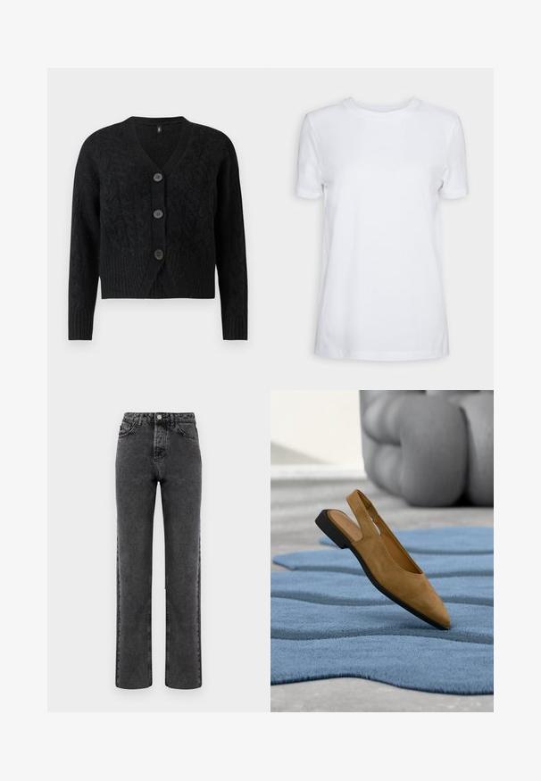 Cárdigan negro hecho de tejido de punto texturizado, con escote en V, mangas largas y cuatro grandes botones en la parte delantera.; Camiseta blanca lisa de manga corta con cuello redondo, ajuste regular y una pequeña etiqueta interior en el cuello que dice "SELECTED FEMME."; Jeans gris de mezclilla de pierna recta con un acabado descolorido, diseño de cinco bolsillos y cierre con botón. Presenta costuras clásicas a lo largo de las costuras.; Zapato plano de ante color tostado con tira trasera y punta afilada descansando sobre una alfombra azul texturizada, con una escultura de piedra gris desenfocada al fondo.