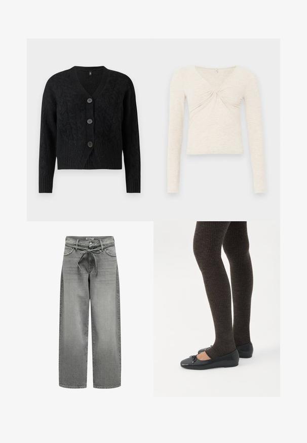 Čierny cardigan vyrobený z textúrovaného pleteného materiálu, s V-výstrihom, dlhými rukávmi a štyrmi veľkými buttonmi vpredu.; Krémový dlhý rukáv top vyrobený z mäkkej textúrovanej tkaniny. Obsahuje výstrih do V a detail twist v strede. Skosený dizajn.; Široké šedé deninové džínsy s pásom na šnúrku a prednými vreckami. Tkanina má miernu textúru a vybledlý vzhľad.; Nohy v tmavých pásikavých legínach v kombinácii s čiernymi balerínkami s malými mašličkami na bielom pozadí.