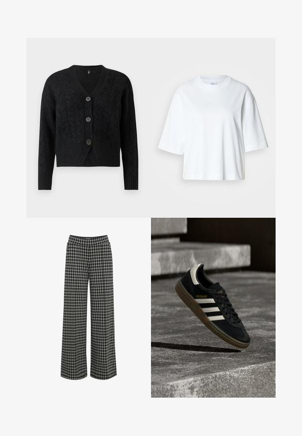 Zwarte cardigan van gebreid textuurstof, met een V-hals, lange mouwen en vier grote knopen aan de voorkant.; Witte cropped t-shirt met korte mouwen, ronde hals, gemaakt van zacht katoen, met een eenvoudig en strak ontwerp.; ICHI IHKATE - Broek - vetiver; Zwarte Adidas sneaker met witte strepen en gumzool die boven grijze betonnen trappen zweeft in natuurlijk licht.