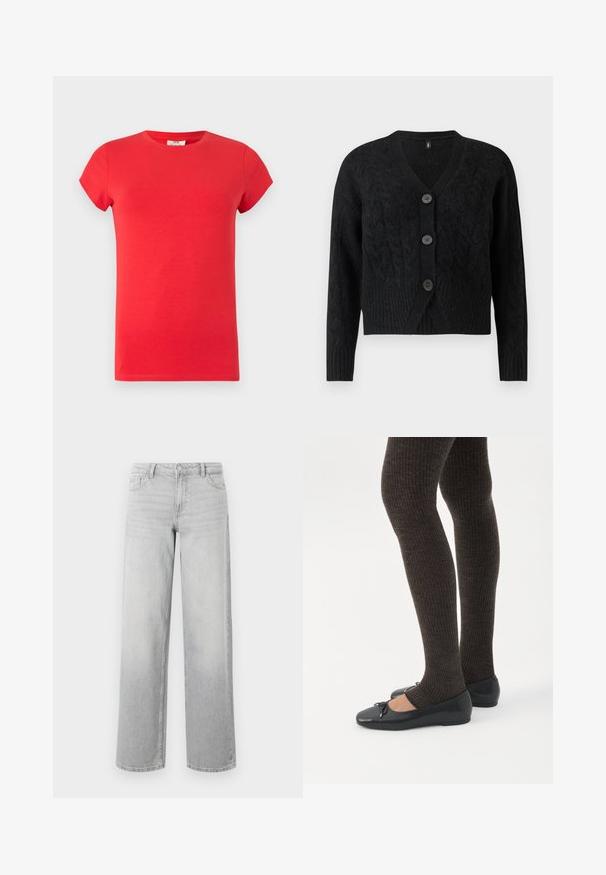 Cardigan noir en tissu tricoté texturé, avec un col en V, des manches longues et quatre grands boutons sur le devant.; T-shirt rouge manches courtes col rond avec coupe slim, texture lisse, sans logos ni motifs visibles sur fond clair.; Jean large en denim gris clair. Comprend cinq poches, une fermeture à bouton et une texture légèrement délavée pour un look usé.; Jambes portant des leggings côtelés foncés associés à des ballerines noires avec de petits détails en nœud sur fond blanc.