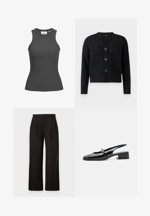 Cárdigan negro hecho de tejido de punto texturizado, con escote en V, mangas largas y cuatro grandes botones en la parte delantera.; Camiseta sin mangas gris oscuro de punto acanalado con cuello redondo y silueta ajustada, talla pequeña.; Pantalones negros de talle alto y pierna recta con pliegues delanteros y trabillas para cinturón, exhibidos sobre un fondo blanco liso.; Zapato slingback de charol negro con tacón bajo y grueso y una fina correa con hebilla de plata en la parte superior.