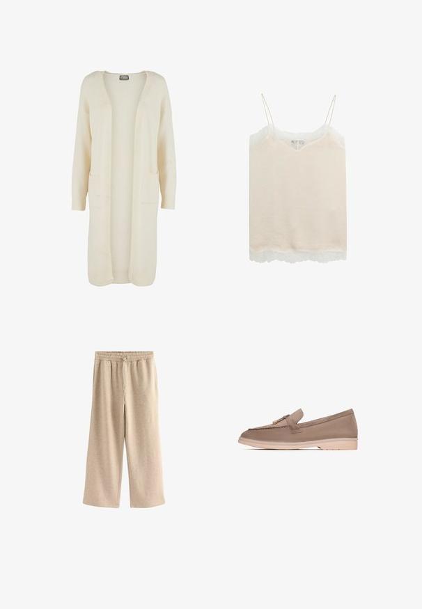 Lang, åben-front cardigan i blødt cremefarvet stof. Har to forlommer og ribstrikkede manchetter. Enkel, minimalistisk design.; Beige satin cami-top med tynde stropper og hvid blondekant langs udskæringen og kanten.; Cremefarvede breddebenede bukser lavet af blødt bomuldsblandingsstof. Har en elastisk talje med snor og en subtil plettet tekstur.; Brune læder loafer med en glat tekstur, der har et dekorativt bånd og guldfarvet hardware, hviler på en lys beige gummisål.