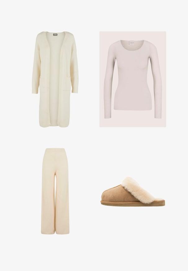Lange, openvallende cardigan in zachte crème kleurige stof. Voorzien van twee steekzakken en geribbelde boorden. Eenvoudig, minimalistisch ontwerp.; Lichtbeige nauwsluitende top voor dames met lange mouwen, een ronde halslijn en zonder zichtbare patronen of versieringen.; Crème-kleurige wijde broek gemaakt van zachte stof, met een elastische tailleband en een getextureerde ribgebreide afwerking bij de manchetten.; Beige suède instapschoen met een zachte, fluffy crème schapenvachtvoering. Voorzien van een platte, gestructureerde rubberen zool voor grip.