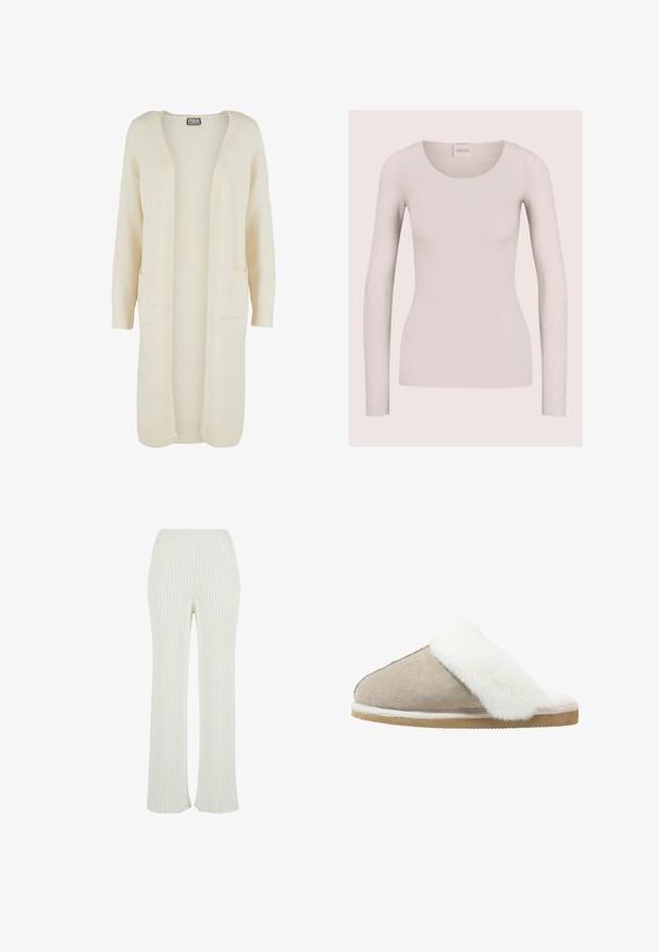 Langer Cardigan mit offenem Vorderteil aus weichem, cremefarbenem Stoff. Verfügt über zwei Fronttaschen und gerippte Bündchen. Einfaches, minimalistisches Design.; Langärmliges, hellbeiges, figurbetontes Damenoberteil mit rundem Ausschnitt und ohne sichtbare Muster oder Verzierungen.; Cremfarbene, gerippte Strickhosen mit einem ausgestellten Design. Merkmale einen breiten, elastischen Bund und vertikale Streifen für zusätzliche Textur.; Beige Wildleder-Slipper mit einem weißen, flauschigen Fellband über dem Obermaterial, ausgestattet mit einer strukturierten Außensohle für Grip und Komfort.